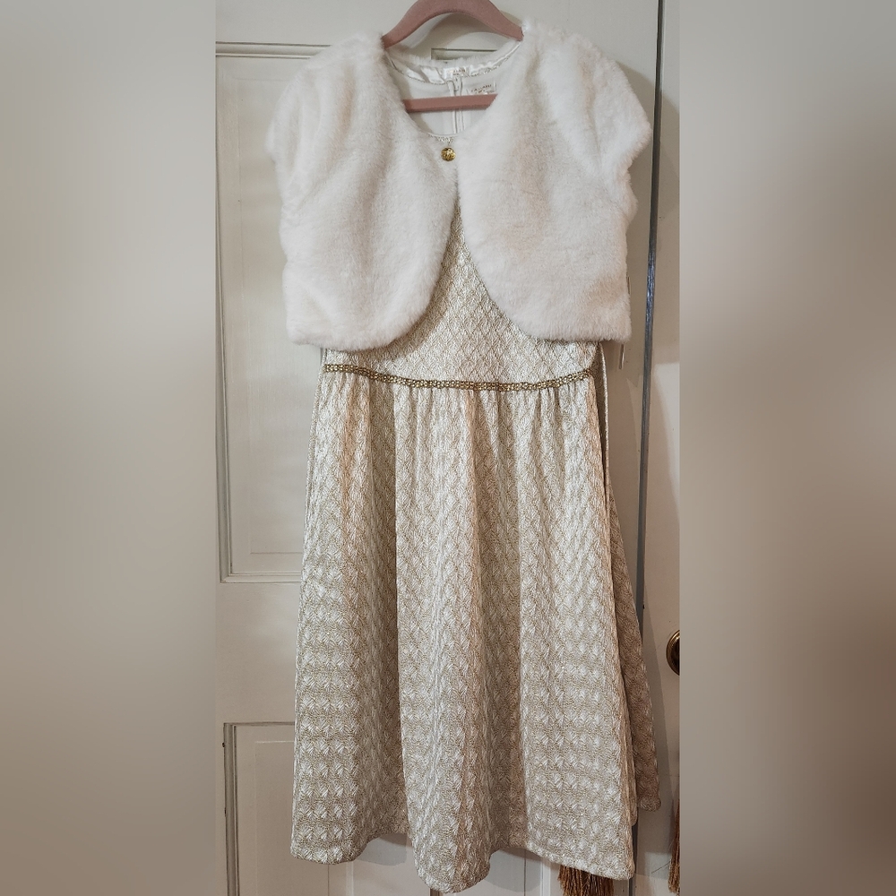 Elegant Off White & Gold Dress - Faux Fur Shawl - Girls Size:12 - Brand: Tahari